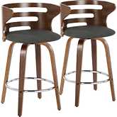 Cosini 26" Swivel Bar Stool in Walnut Wood & Charcoal Fabric with Chrome Footrest (Set of 2)